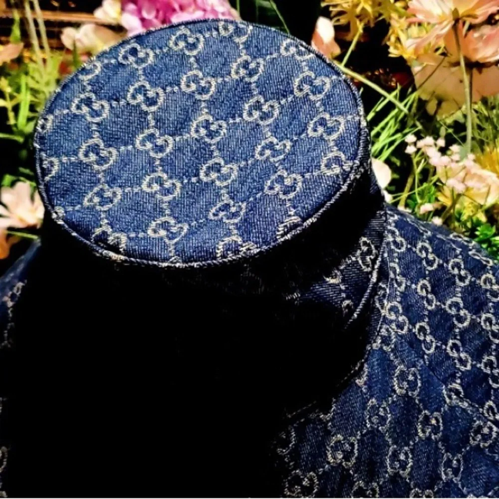 Gucci GG Denim Monogram Bucket Hat Wide Large Brim Navy Blue Jacquard Beach - Picture 8 of 16